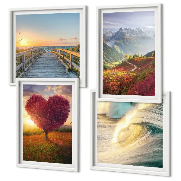 Wanddeko-Set mit Motiven von Landschaften, Bergen, Wellen, Bäumen, Herzen und einem Pier