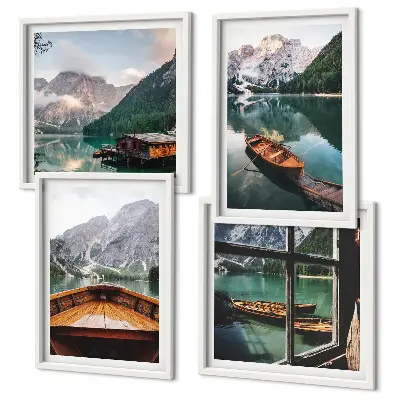 Polyptychon mit Rahmen mit dem Motiv von See, Bergen, Booten und einer Hütte