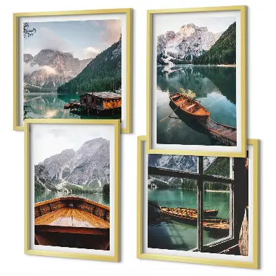 Polyptychon mit Rahmen mit dem Motiv von See, Bergen, Booten und einer Hütte