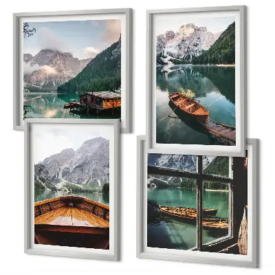Polyptychon mit Rahmen mit dem Motiv von See, Bergen, Booten und einer Hütte