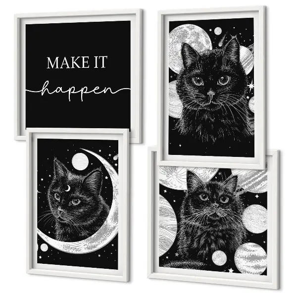 Polyptychon mit Rahmen schwarze Katzen mit Mond und Planet