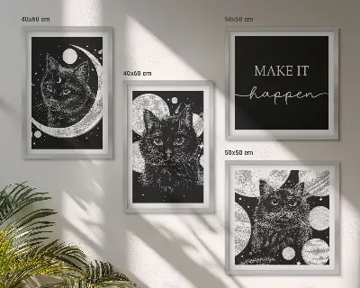 Polyptychon mit Rahmen schwarze Katzen mit Mond und Planet