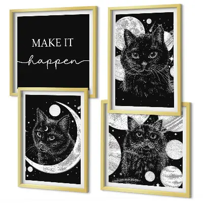 Polyptychon mit Rahmen schwarze Katzen mit Mond und Planet