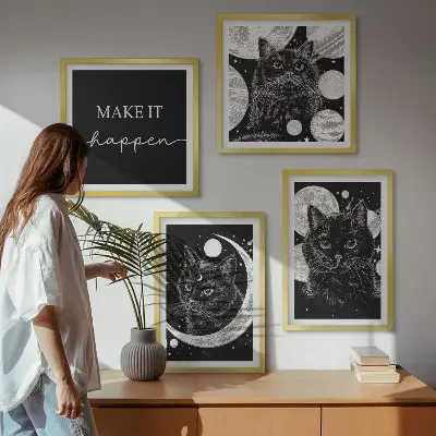 Polyptychon mit Rahmen schwarze Katzen mit Mond und Planet