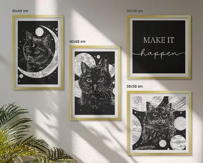 Polyptychon mit Rahmen schwarze Katzen mit Mond und Planet