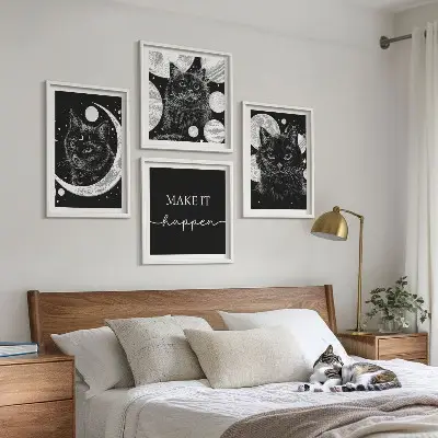 Polyptychon mit Rahmen schwarze Katzen mit Mond und Planet