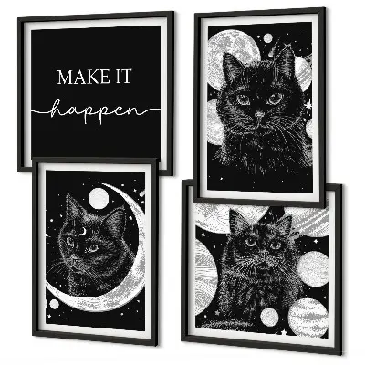 Polyptychon mit Rahmen schwarze Katzen mit Mond und Planet