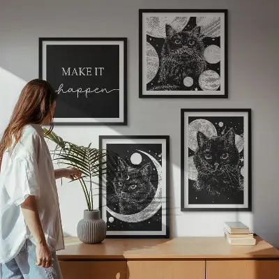 Polyptychon mit Rahmen schwarze Katzen mit Mond und Planet