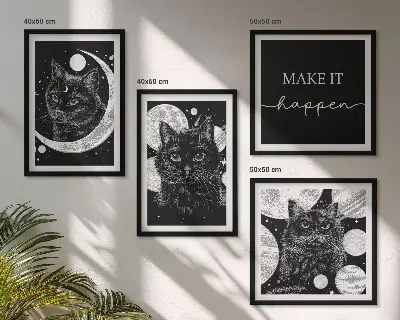 Polyptychon mit Rahmen schwarze Katzen mit Mond und Planet