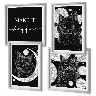 Polyptychon mit Rahmen schwarze Katzen mit Mond und Planet