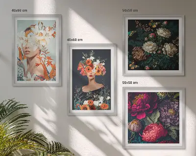 Blumenporträts, Sträuße und Blätter als gerahmtes Polyptychon