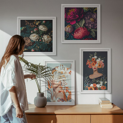 Polyptychon mit rahmen Blumenporträts, Sträuße, Blätter