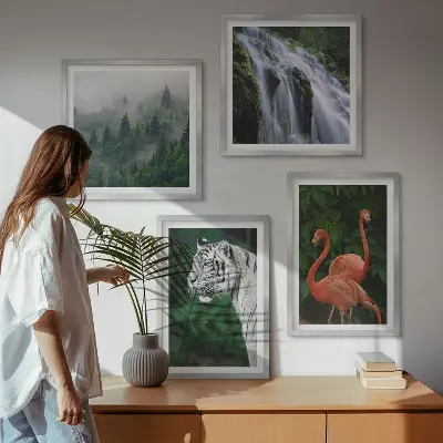Polyptychon mit Rahmen mit Motiv Tiger Wasserfall und Flamingos Natur