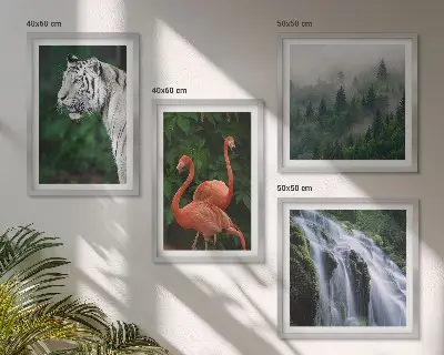 Polyptychon mit Rahmen mit Motiv Tiger Wasserfall und Flamingos Natur