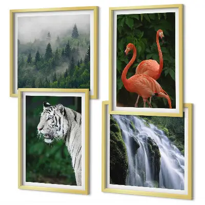 Polyptychon mit Rahmen mit Motiv Tiger Wasserfall und Flamingos Natur