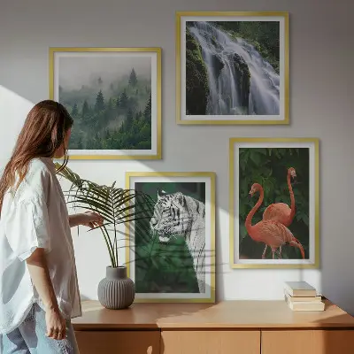 Polyptychon mit Rahmen mit Motiv Tiger Wasserfall und Flamingos Natur