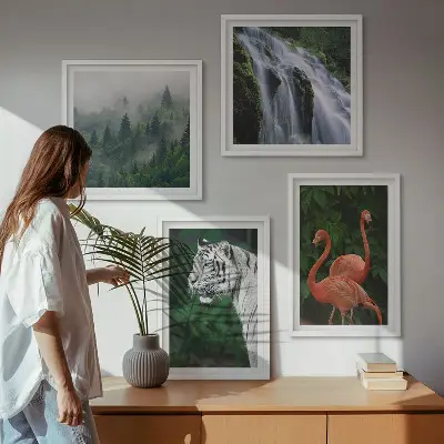 Polyptychon mit Rahmen mit Motiv Tiger Wasserfall und Flamingos Natur