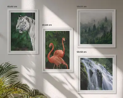 Polyptychon mit Rahmen mit Motiv Tiger Wasserfall und Flamingos Natur
