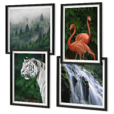 Polyptychon mit Rahmen mit Motiv Tiger Wasserfall und Flamingos Natur