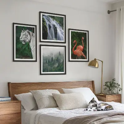 Polyptychon mit Rahmen mit Motiv Tiger Wasserfall und Flamingos Natur