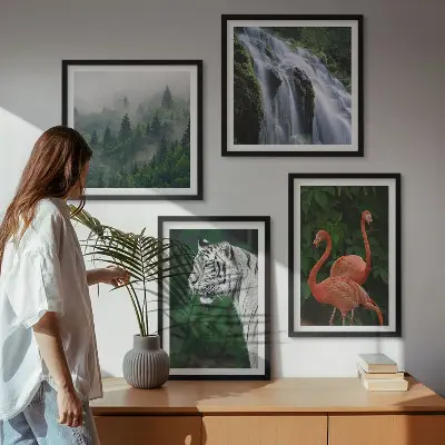 Polyptychon mit Rahmen mit Motiv Tiger Wasserfall und Flamingos Natur