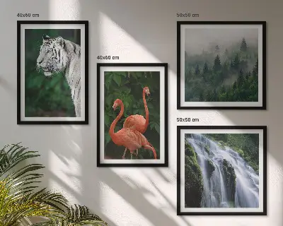 Polyptychon mit Rahmen mit Motiv Tiger Wasserfall und Flamingos Natur