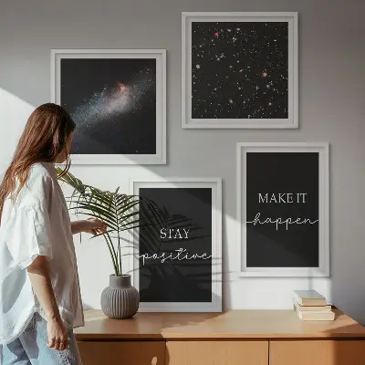 Polyptychon mit Rahmen Motivationsslogans mit Sternen und Weltraummotiv