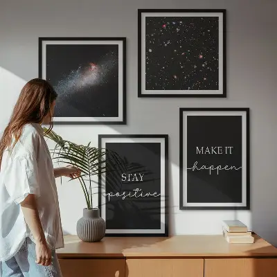 Polyptychon mit Rahmen Motivationsslogans mit Sternen und Weltraummotiv