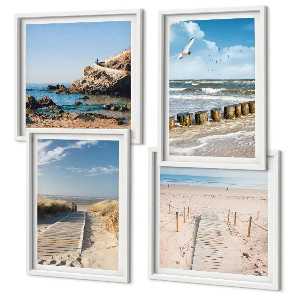Wandbild als Polyptychon mit Rahmen Motiv Strand mit Sand, Wellen, Himmel und Vögeln