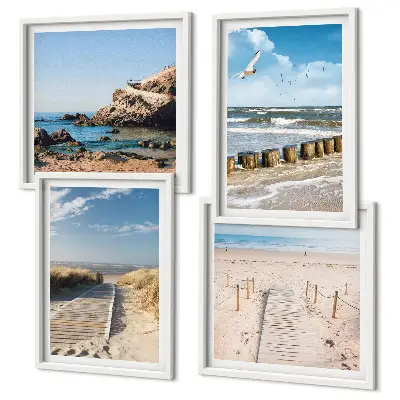 Wandbild als Polyptychon mit Rahmen Motiv Strand mit Sand, Wellen, Himmel und Vögeln