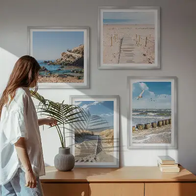 Wandbild als Polyptychon mit Rahmen Motiv Strand mit Sand, Wellen, Himmel und Vögeln
