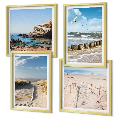 Wandbild als Polyptychon mit Rahmen Motiv Strand mit Sand, Wellen, Himmel und Vögeln