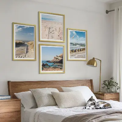 Wandbild als Polyptychon mit Rahmen Motiv Strand mit Sand, Wellen, Himmel und Vögeln