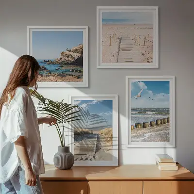 Wandbild als Polyptychon mit Rahmen Motiv Strand mit Sand, Wellen, Himmel und Vögeln