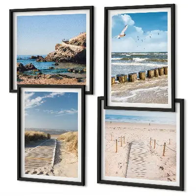 Wandbild als Polyptychon mit Rahmen Motiv Strand mit Sand, Wellen, Himmel und Vögeln