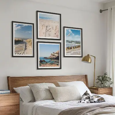 Wandbild als Polyptychon mit Rahmen Motiv Strand mit Sand, Wellen, Himmel und Vögeln