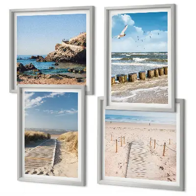 Wandbild als Polyptychon mit Rahmen Motiv Strand mit Sand, Wellen, Himmel und Vögeln