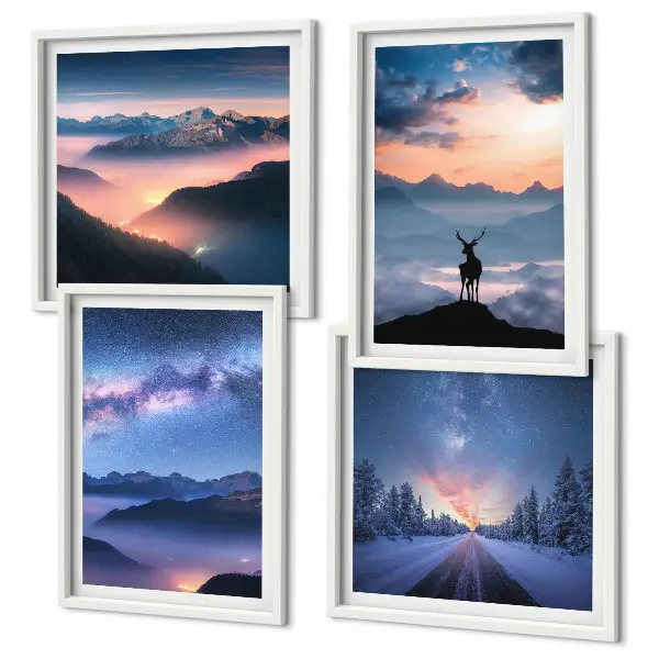Wanddeko-Set mit Motiv Nachthimmel, Berge, Nebel und Hirsch