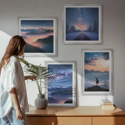 Wanddeko-Set mit Motiv Nachthimmel, Berge, Nebel und Hirsch
