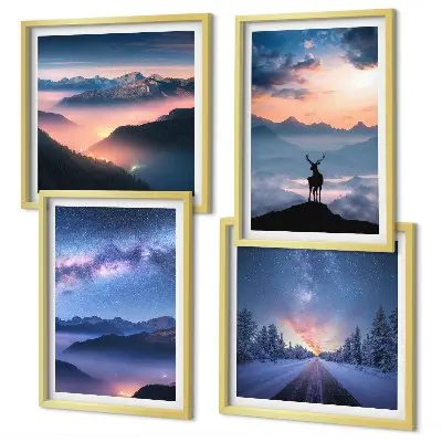 Wanddeko-Set mit Motiv Nachthimmel, Berge, Nebel und Hirsch