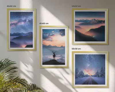 Wanddeko-Set mit Motiv Nachthimmel, Berge, Nebel und Hirsch