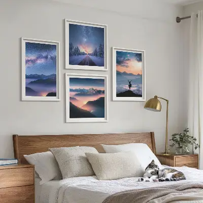 Wanddeko-Set mit Motiv Nachthimmel, Berge, Nebel und Hirsch