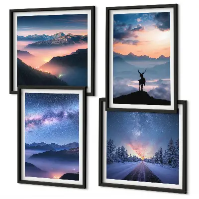 Wanddeko-Set mit Motiv Nachthimmel, Berge, Nebel und Hirsch