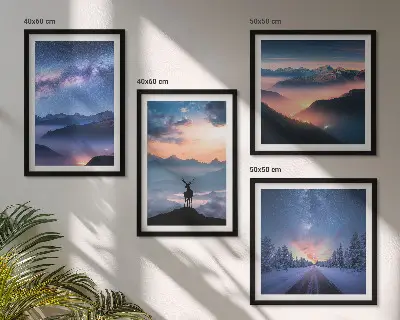 Wanddeko-Set mit Motiv Nachthimmel, Berge, Nebel und Hirsch