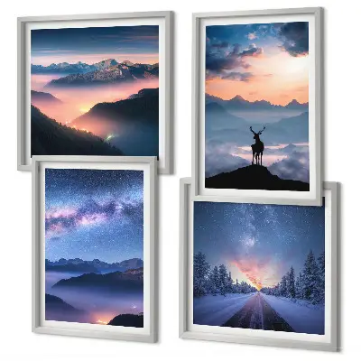 Wanddeko-Set mit Motiv Nachthimmel, Berge, Nebel und Hirsch