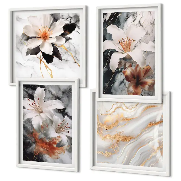 Polyptychon mit Rahmen Motiv Blumen in Marmoroptik weiß und schwarz