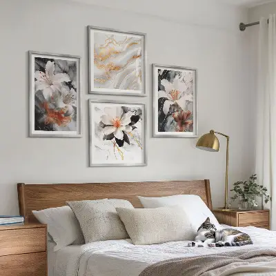 Polyptychon mit Rahmen Motiv Blumen in Marmoroptik weiß und schwarz