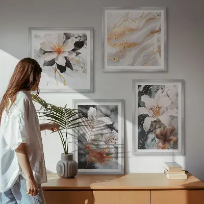 Polyptychon mit Rahmen Motiv Blumen in Marmoroptik weiß und schwarz