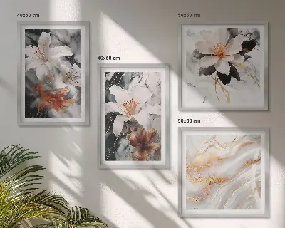 Polyptychon mit Rahmen Motiv Blumen in Marmoroptik weiß und schwarz