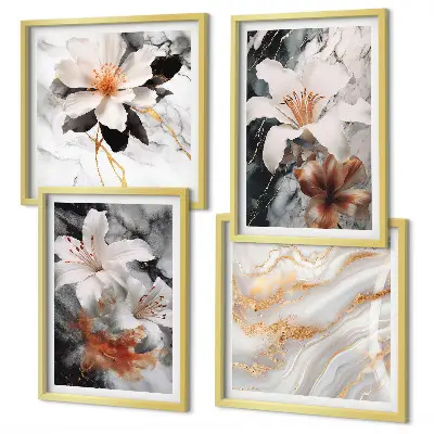 Polyptychon mit Rahmen Motiv Blumen in Marmoroptik weiß und schwarz